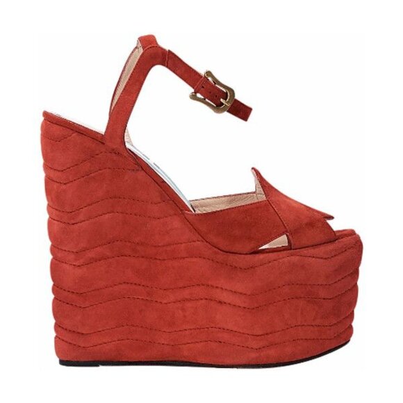 NIB Gucci Sally suede hibiscus red platform wedge heels ankle strap sandals 38 - Picture 2 of 16